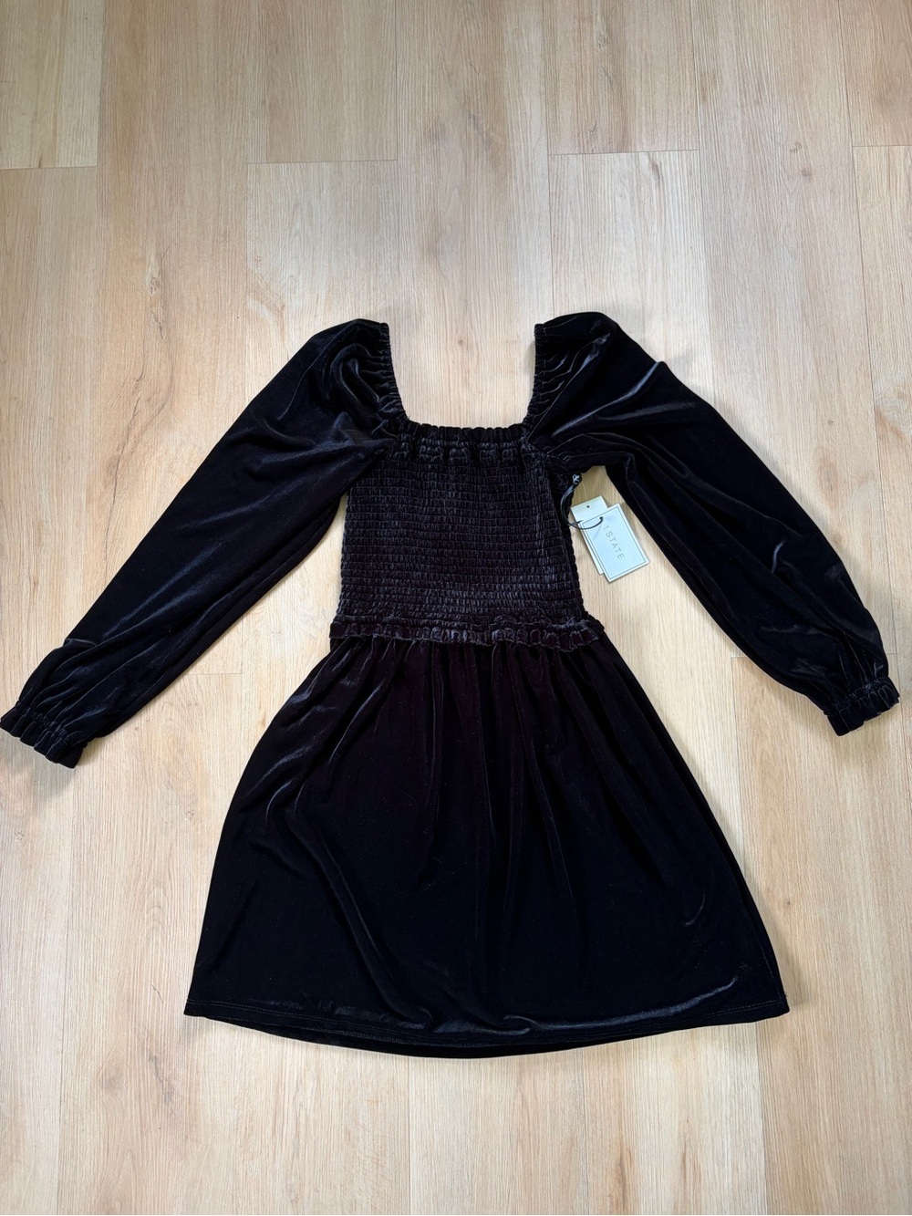 1. State Black Velvet Smocked Mini Dress with Long Puff Sleeves